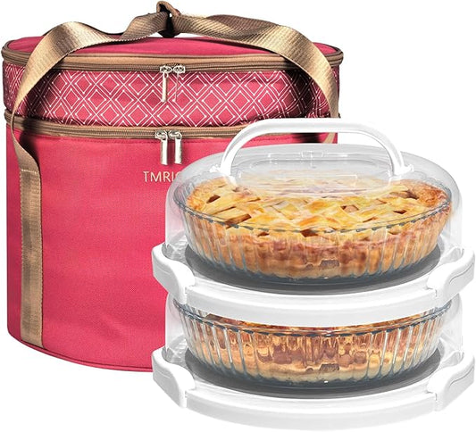 2 Pack Pie Carrier with Lids and Handles, Loadable Cupcake or Pizza Storage Containers, Includes Insulated Bags and Insulated Non-Slip Pads, Perfect for Transportation (Red)