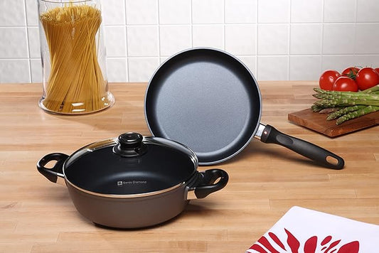 Swiss Diamond 3 Piece Set Fry Pan & Casserole HD Nonstick Diamond Coated Aluminum with Lids, Dishwasher/Oven Safe Grey