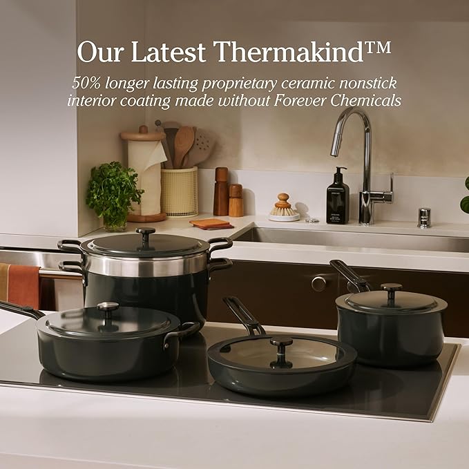 Our Place Essential Cookware Set – 11-Piece Ceramic Nonstick Set with 25cm Frypan, Saucepan, Saute Pan, Stock Pot, Storage Racks and Strainer with Thermakind™ | Oven Safe up to 230°C | Char