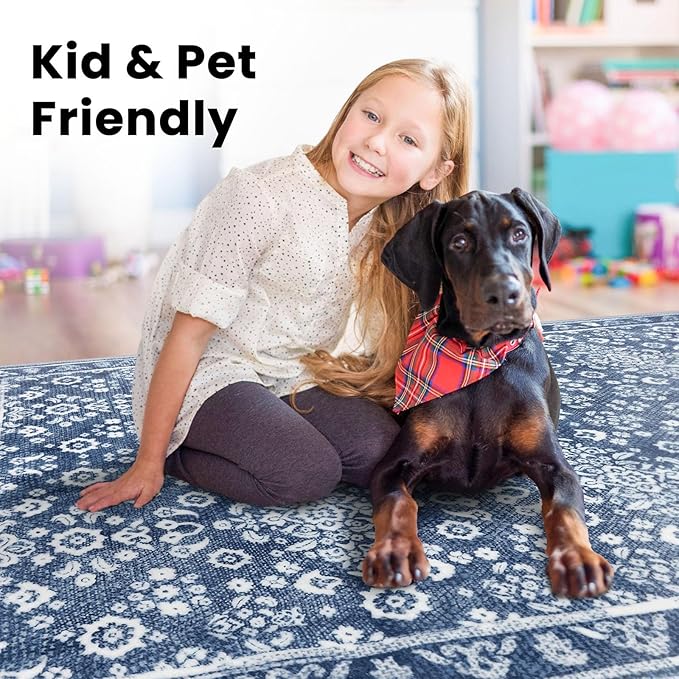 Vintage 2.6x8 Hallway Runner, Dusty Blue White Washable Non-Slip Hallway Carpet, Super Soft Kitchen Runner Rug, Print Faux Wool Floral Thin Carpet for Indoor & Bedside