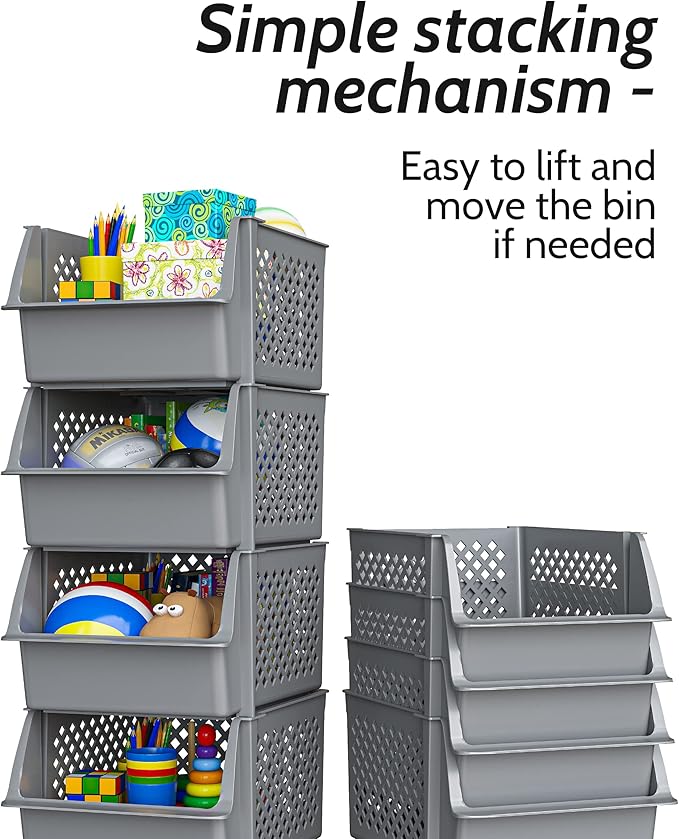 TidyFriend Stackable Storage Bins for Closet Organizers and Storage 4 Pack, Garage Storage Bin Stackable, Bathroom and Garage Organizer (Grey)