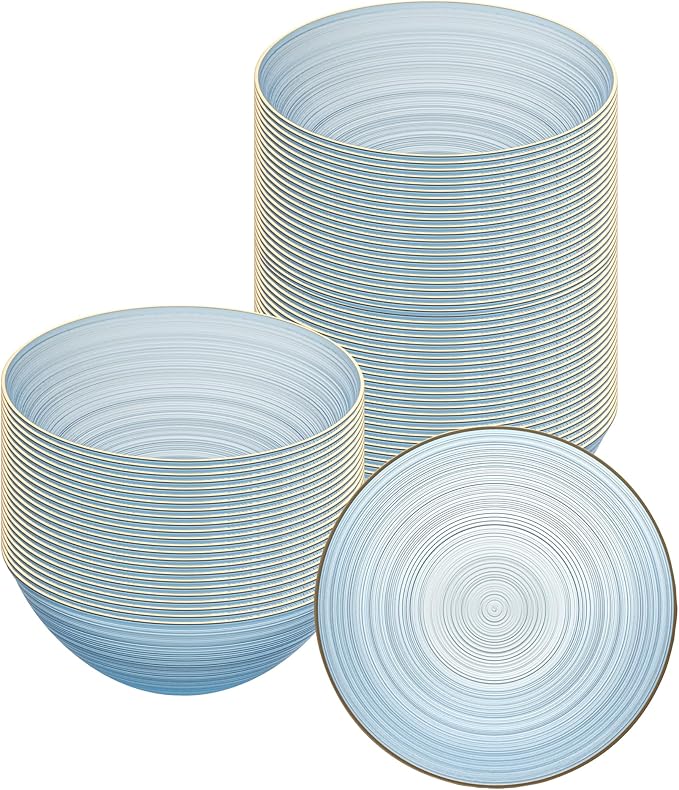 Restaurantware Plastic Bowls 20 Pcs 16 oz Gold Rimmed Disposable Soup Bowls Heavy-Duty Blue Translucent Rippled Dinnerware Containers for Party, Desserts, Salads, Snacks, and Catering