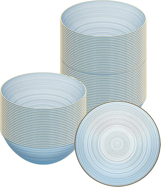Restaurantware Plastic Bowls 20 Pcs 16 oz Gold Rimmed Disposable Soup Bowls Heavy-Duty Blue Translucent Rippled Dinnerware Containers for Party, Desserts, Salads, Snacks, and Catering