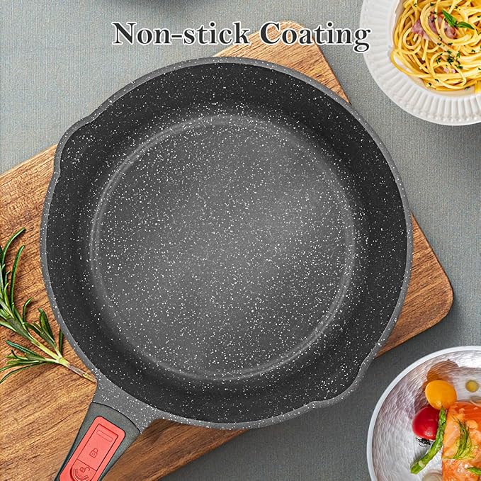 11 Inch Nonstick Deep Frying Pan with Lid, 4-Pc Set - (4.5 Qt Saute Pan with Lid, Steamer/Strainer Basket, Silicone Spatula), Skillet with Detachable Handle, Oven Safe, Non-Toxic