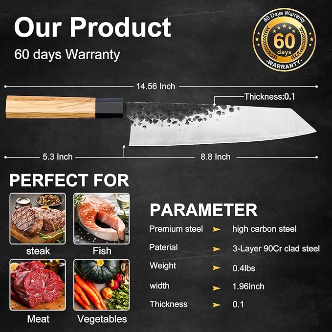 9 Inch Kitchen Kiritsuke Chef Knife, High Carbon Stainless Steel With Professional Hand Forged Cooking Knife, (Olivewood Handle & Gift Box)