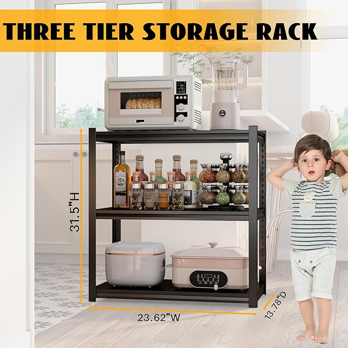 1500 LBS Heavy Duty Black Steel 3-Tier Kitchen Organizer - Waterproof, Adjustable, Multi-Functional Microwave/Oven Rack, Black