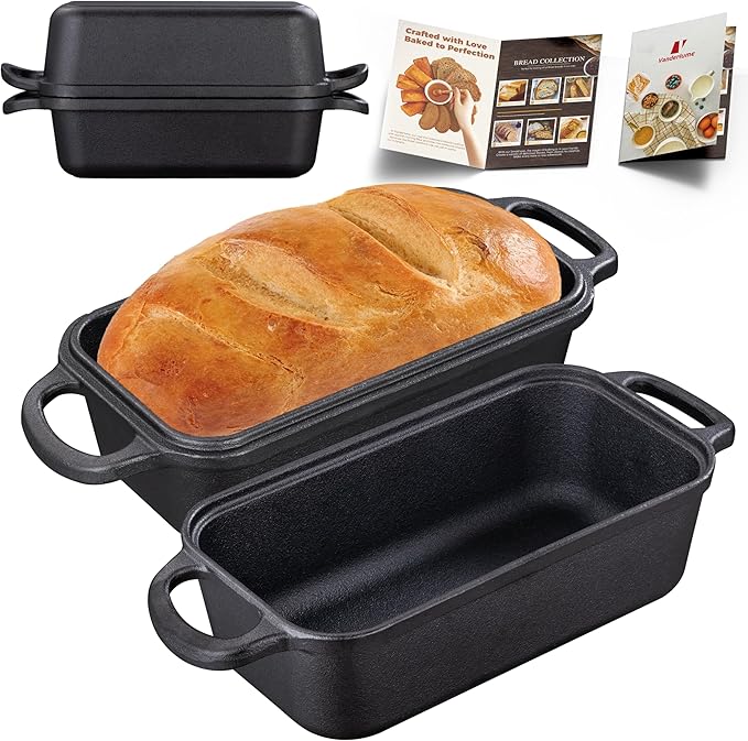 Cast Iron Loaf Pan with Lid 9x5 Inch, 2 in 1 Loaf Pans for Baking Bread, Even Heat Distribution for Sourdough, Homemade Bread