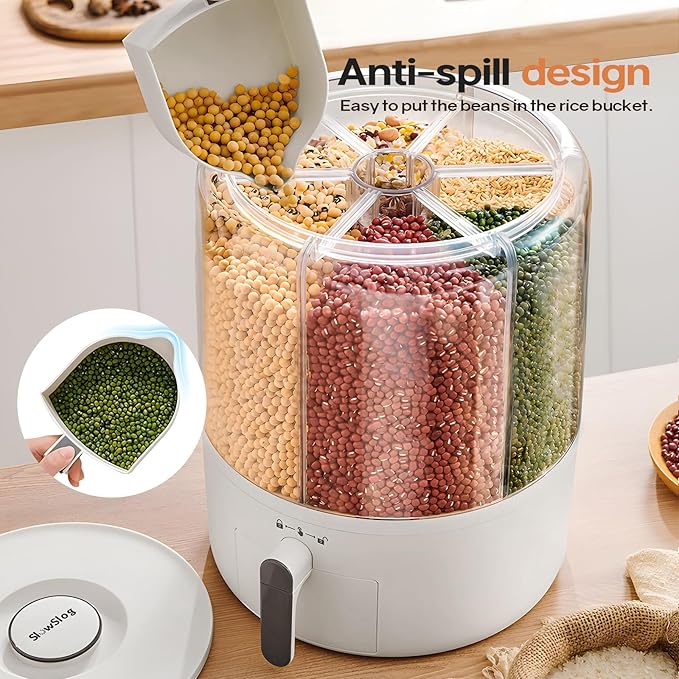 Grain and Rice Storage Container, 6 Grid Grain Dispenser, 360° Rotating 25lb Large Food Dispenser, Rice Dispenser Upgrade 6 Compartment Rotating, Airtight Storage White