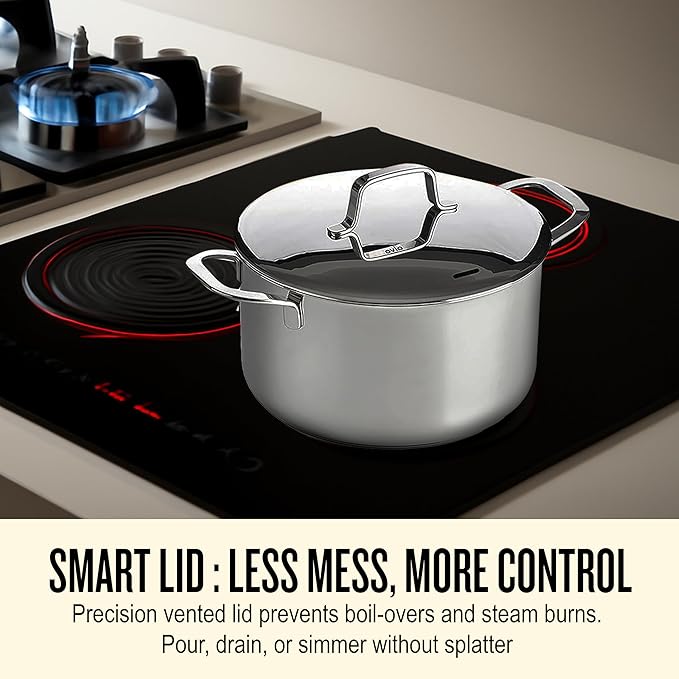 Alva Maestro Stainless Steel Stock Pot 4Qt. - Lasered Engrave Measurement, Oven Safe and Made without PFAS, PFOA & PTFE - Induction and All Stovetop Compatible with Even Heat Distribution