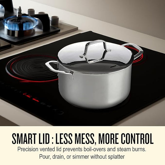 Alva Maestro Stainless Steel Stock Pot 4Qt. - Lasered Engrave Measurement, Oven Safe and Made without PFAS, PFOA & PTFE - Induction and All Stovetop Compatible with Even Heat Distribution
