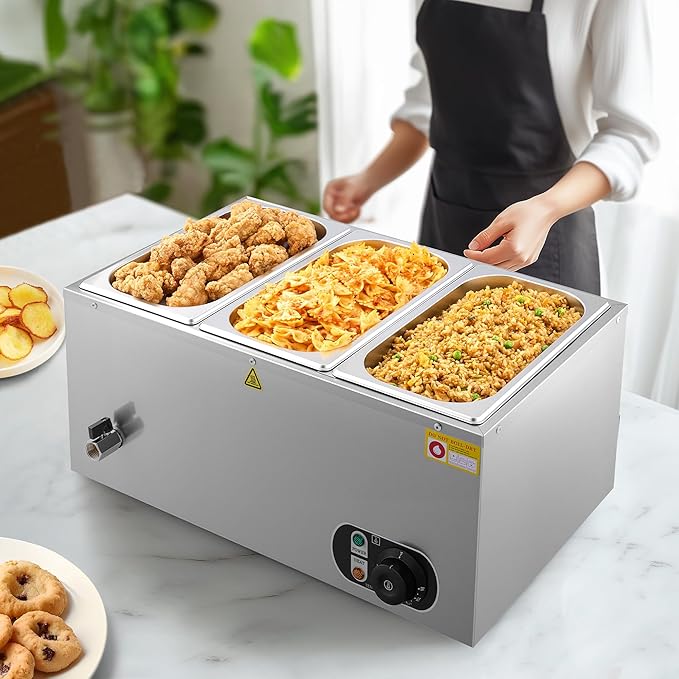 WILPREP Single-Well Commercial Food Warmer with Three 1/3 Pans, Electric Warmer for Food with Adjustable Temp. & Auto Shutoff, Stainless Steel Food Heating Unit for Buffet Food Truck Hotel Catering