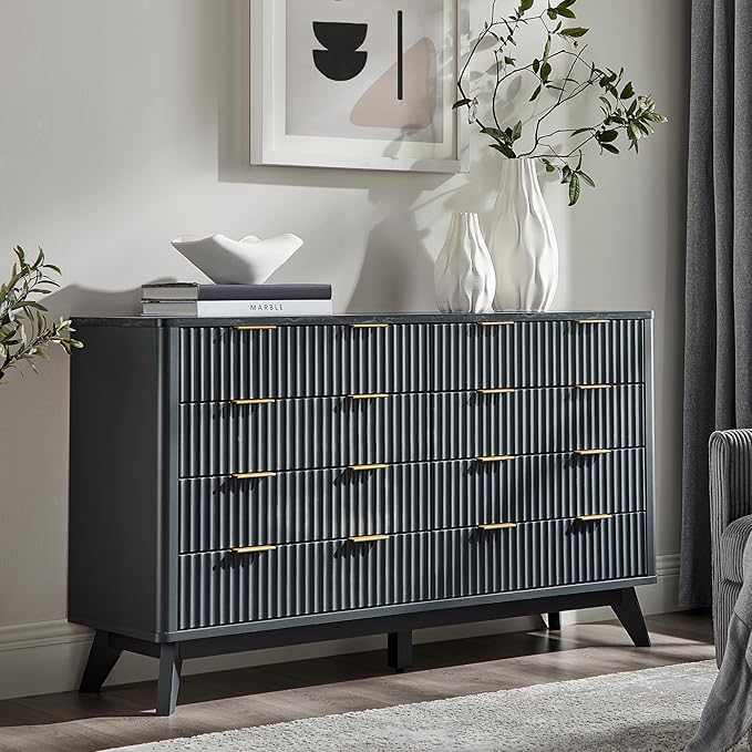 T4TREAM Fluted 8 Drawers Dresser, 54" Wide Modern Chest of Drawers with Faux Marble Top, Curved Profile Design, Dresser TV Stand, Wood Drawer Organizer for Bedroom, Living Room, Hallway, Dark Grey