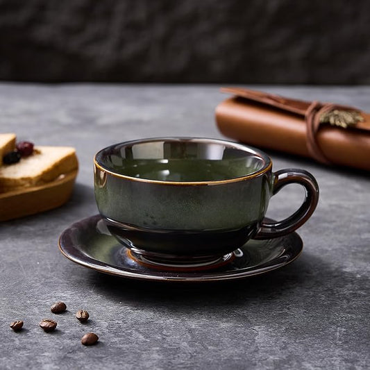 Vintage Design 12 oz Ceramic Latte Art Cappuccino Barista Cup with Saucer (Sea Grey)