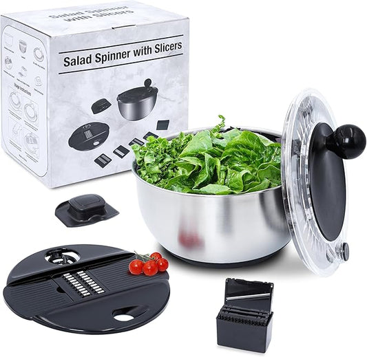 Stainless Steel Salad Spinner Large 5.28Qt - Lettuce Spinner With Strainer - Salad Spinners Best Rated For Home Kitchen Washing - - Includes Vegetable Slicer.
