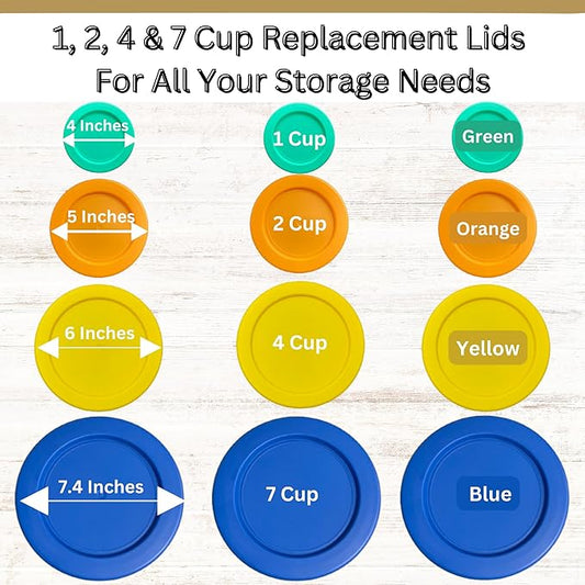 1, 2, 4 & 7 Cup Green, Orange, Yellow, Blue Replacement Lids/Covers for Pyrex, Anchor Hocking & KlareWare Storage Bowls *Lids Only Glass Container Not Included* (12 Pack *Three of Each Size*)