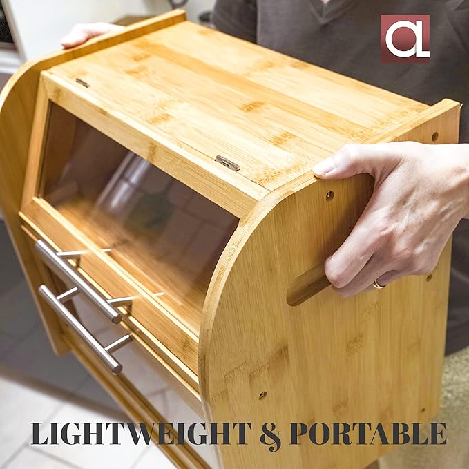 Arise Stylish Bamboo Bread Box for Kitchen Countertop, Extra Large 2-Shelf Wooden Bread Storage Container with Clear Windows and Air Vents Keep Bread, Bagels and Rolls Fresh, Self Assembly