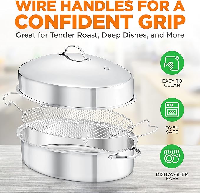 NutriChef 20" Oval Roasting Pan with Rack and Lid - Premium Stainless Steel Roaster Dish w/ Wide Handles & Removable Rack, Multi-Use Cookware for Turkey, Chicken, Stews, & More - Dishwasher Safe