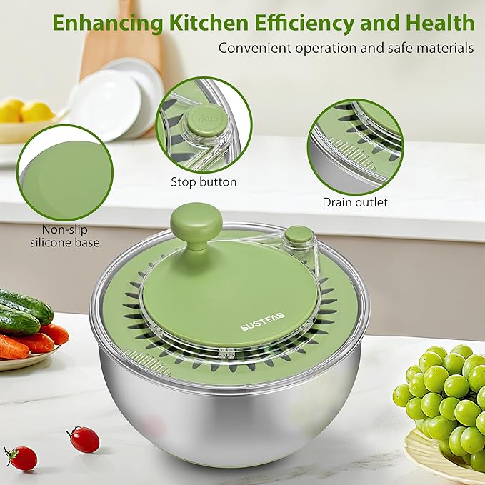 SUSTEAS Stainless Steel Salad Spinner, Lettuce Spinner with Non-Slip Base, Drainage Hole, Stop Button, Vegetable Dryer, Fruit Washer, BPA-Free, Dishwasher Safe, 4.25Qt