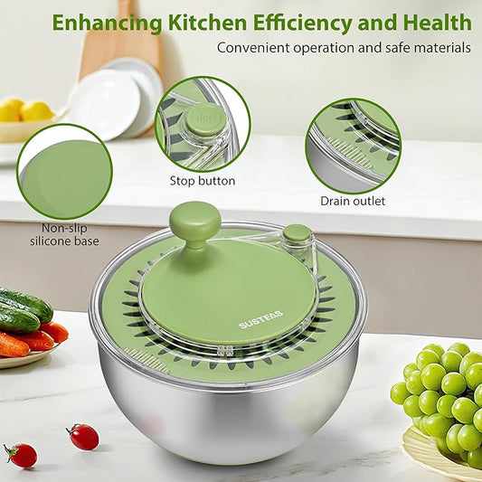 SUSTEAS Stainless Steel Salad Spinner, Lettuce Spinner with Non-Slip Base, Drainage Hole, Stop Button, Vegetable Dryer, Fruit Washer, BPA-Free, Dishwasher Safe, 4.25Qt