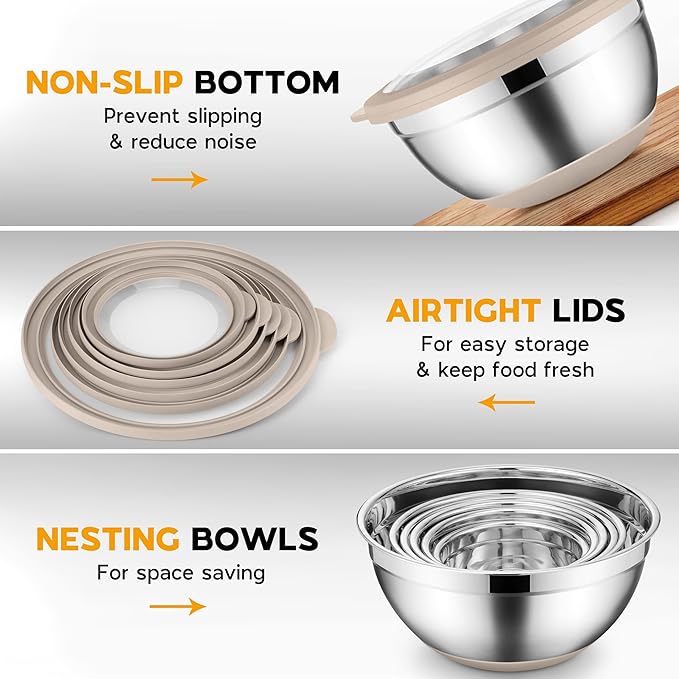 Onader Mixing Bowls with Lids Set of 6, Large Metal Nesting Mixing Bowls, Stainless Steel Non-Slip Salad Bowl Khaki – Size 1, 1.5, 2, 2.6, 3.5, 7QT