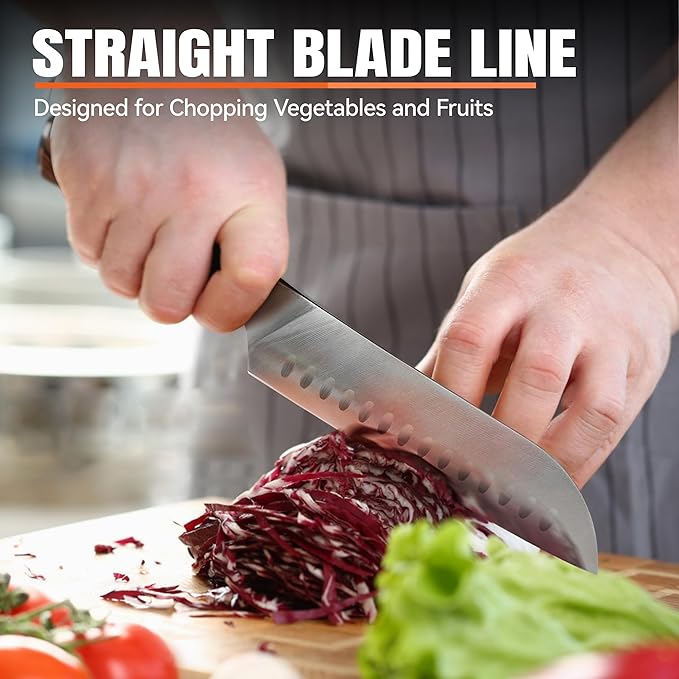 TUO Santoku Knife, 7 inch Japanese Chef Knife for Vegetable Chopping & Meat Dicing, High Carbon German Steel, Ergonomic Handle - Fiery Phoenix Series