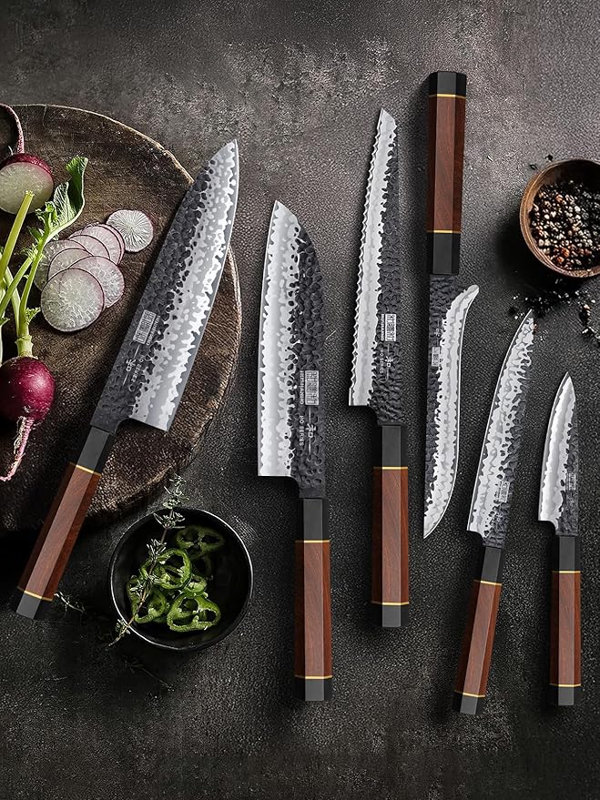 HOSHANHO 8 Pieces Knife Set, Japanese High Carbon Steel Kitchen Knives Set with Block, Hand Forged Ultra Sharp Chef Knife Set with Ergonomic Rosewood Handle