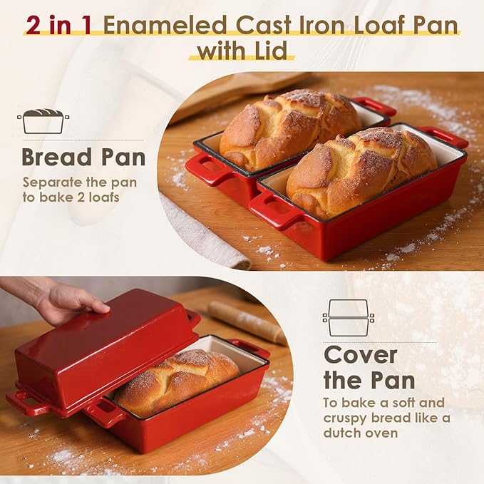2 in 1 Enameled Cast Iron Loaf Pan with Lid, 9×5 Inch Bread Baking Pans for Homemade Bread, Pre-Seasoned Loaf Pan Bread Pan with Sourdough Bread Baking Supplies (2 PCS)