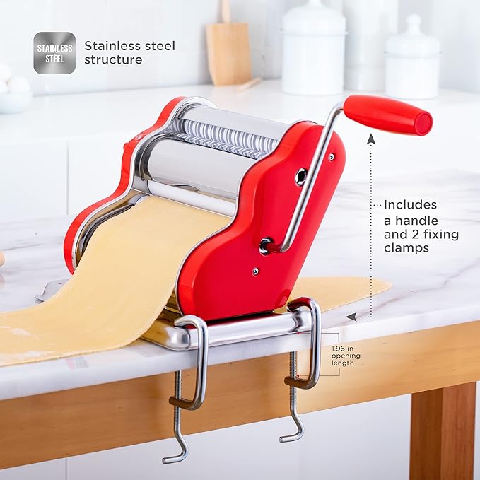 PASTALINDA Classic 260 Pasta Maker Machine, 26 cm Wide Rollers, 9 Thickness Positions, 2 Cutting Positions, Stainless Steel. Includes Reinforced Hand Crank And Two Clamps
