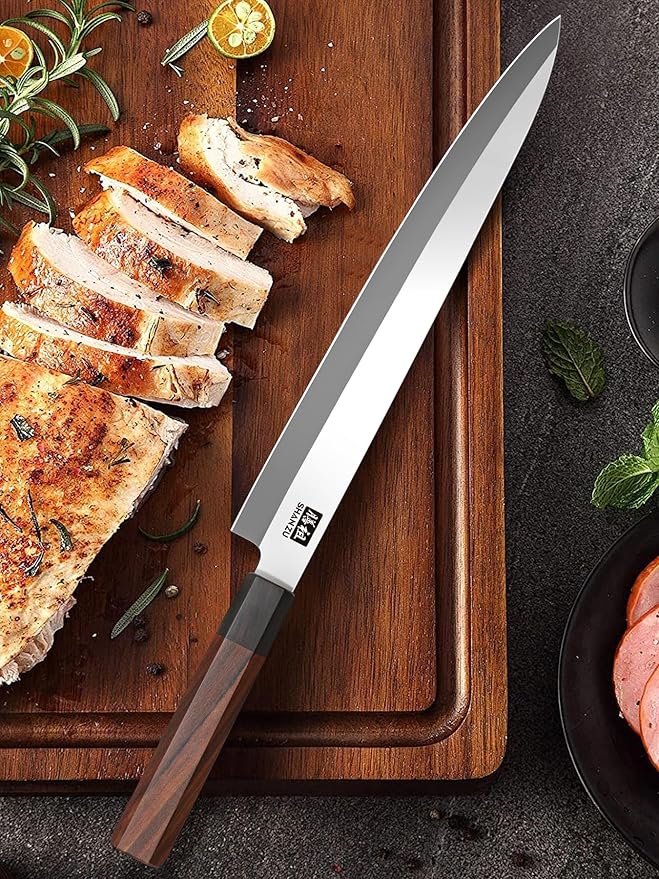 SHAN ZU 10 Inch Sushi Knife, High Carbon Japanese Steel Sashimi Knife, Japanese Knives for Fish Filleting & Slicing, Sushi Making Knives with Red Sandalwood Handle