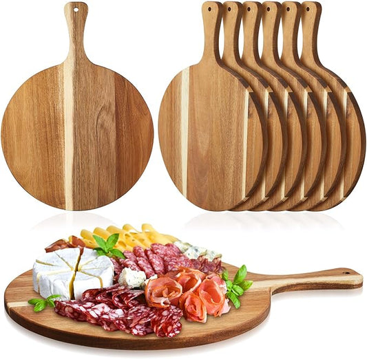 Sliner 6 Pcs Acacia Wood Round Cutting Board Bulk 0.6 Inch Thick Charcuterie Board with Handle Large Wooden Chopping Paddle for Cutting Pizza Cheese Meat Fruit (13 x 9 Inch)