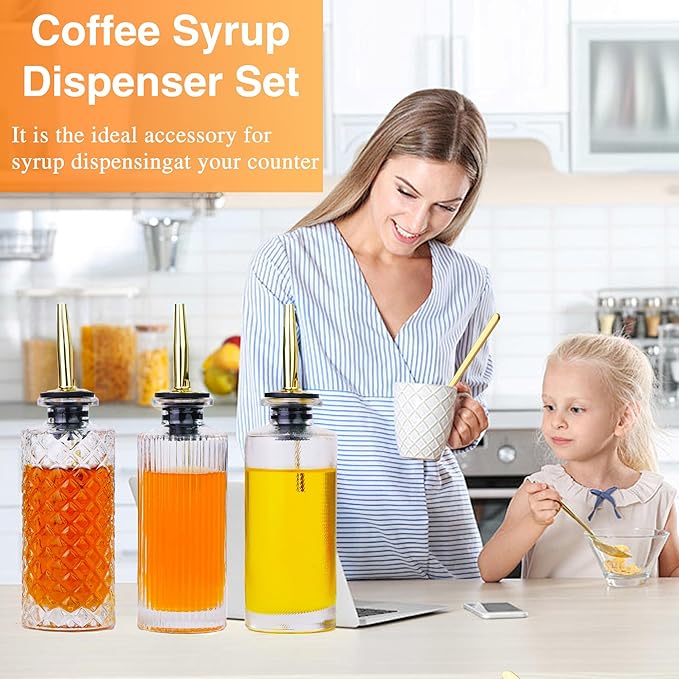 Oudizz Coffee Syrup Dispenser Set 3 Pcs - 200ml Syrup Dispenser Glass With Metal Pour Spout for Coffee Bar for Kitchen