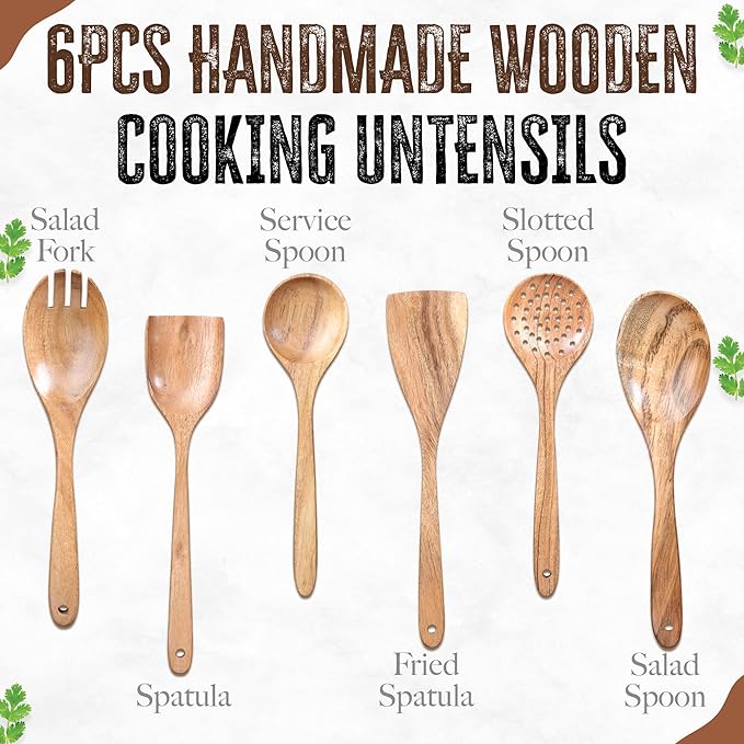 INTAJ Wooden Spoon Set for Cooking & Serving – 6-Piece Eco-Friendly Kitchen Utensils – Handmade Acacia Wood Spoons for Serving, Gifting & Daily Use – Non-Toxic, Sustainable Cookware Essentials