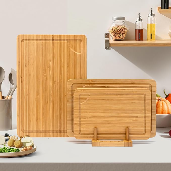 Bamboo Cutting Board For Kitchen, Bamboo Cutting Board Set of 3 with Juice Groove, Double-Sided Chopping Board Serving Board for Meat, Vegetables and Cheese