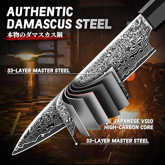 TIVOLI Damascus Utility Knife - VG10 High Carbon Steel, 67-Layer Forged Blade, Razor-Sharp Edge, Carbon Fiber Handle, Perfect for Peeling, Slicing & Trimming - Precision Balance & Gift Box Included