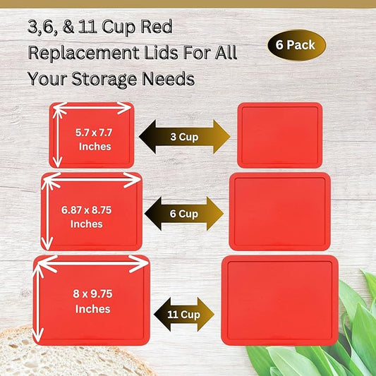 3, 6 & 11 Cup Red Replacement Lids/Covers for Pyrex, Anchor Hocking & KlareWare Storage Bowls *Lids Only Glass Container Not Included* (6 Pack *Two of Each Size*)