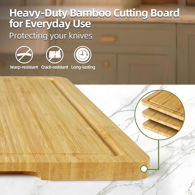 Bamboo Cutting Board Set of 4, Chopping Boards with Food Icons for Kitchen, Charcuterie Board for Meat, Vegetables, Fruits, Cheese