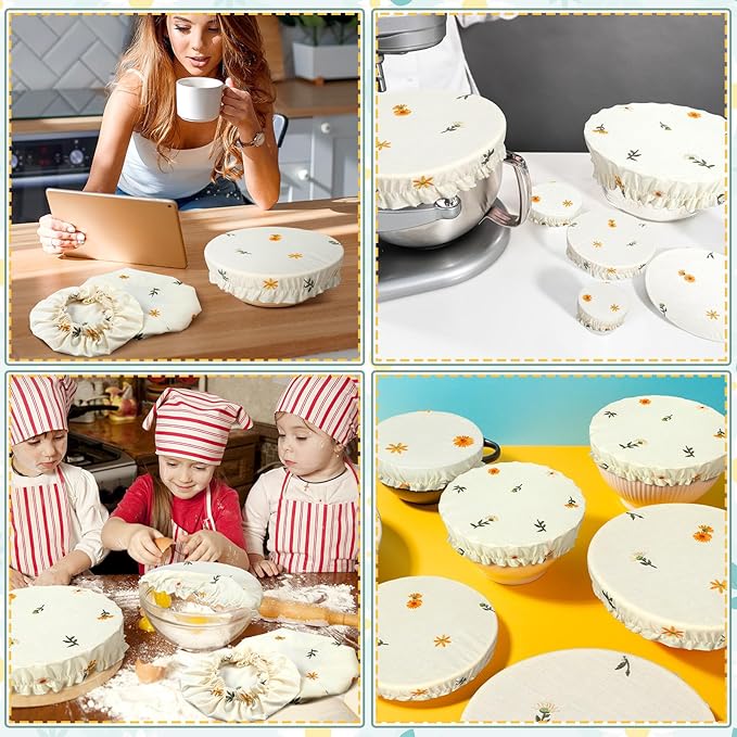 Patelai 10 Pcs Bowl Covers Reusable in 5 Size Stretch Cloth Fabric Elastic Food Storage Bowl Covers Bread Sourdough Lids for Proofing Food Fruits Leftover(Embroidery Daisy)