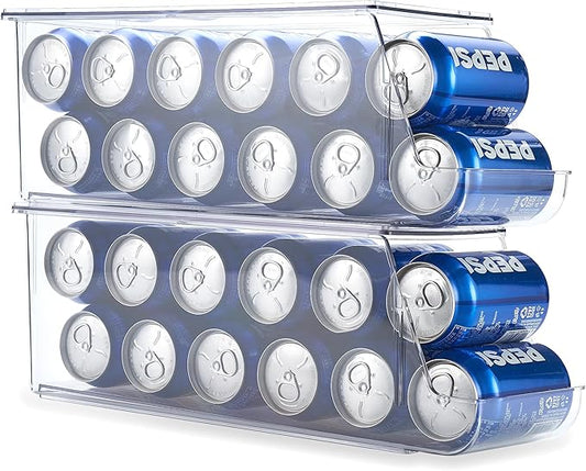 Prsildan Large Soda Can Organizer with Lid, Rolling Soda Dispenser for Refrigerator, Clear Acrylic Drink Dispenser for Fridge Organizer Bins - Stackable Pantry Storage - Holds 12 Cans Each - 2 Pack