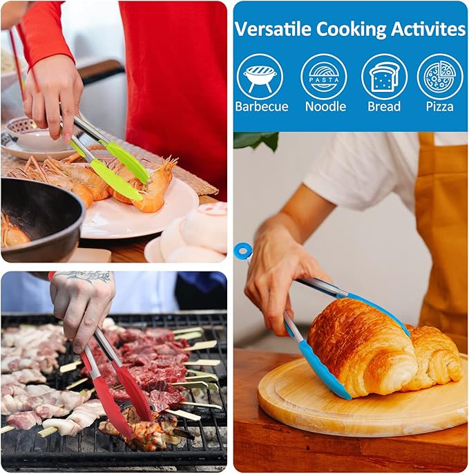 Small Tongs For Cooking,7 inch Kitchen Mini Tongs with Silicone Tips Great for Air Fryer Cooking Serving Tong Set of 3 Turning Appetizers,Veggies,Salad,Grilling,Frying,Food tong (Red Blue Green)