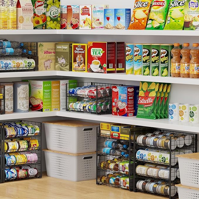 2-Pack Stackable Can Organizer for Pantry, Adjustable Can Holder Rack for Canned Food Soda Drink Goods Storage up to 36 Cans Storage, 2 Tier, Black