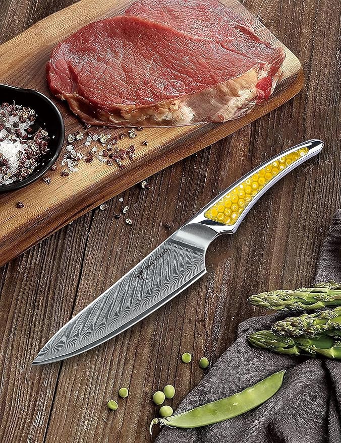 5 inch Utility Knife, Japanese VG-10 Damascus Steel Kitchen Knife, Ultra Sharp Fruit Knife with Full-tang Handle in Yellow Resin, LA-S9 Series