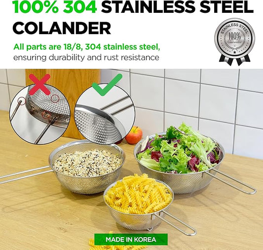 Premium 18/8 304 Stainless Steel Strainer Set of 3 with Long Handle, Micro-Perforated Colanders 1.5-2.5-4 Quart Set, Self-Draining Solid Base for Pasta, Fruits, Vegetables, Made in Korea