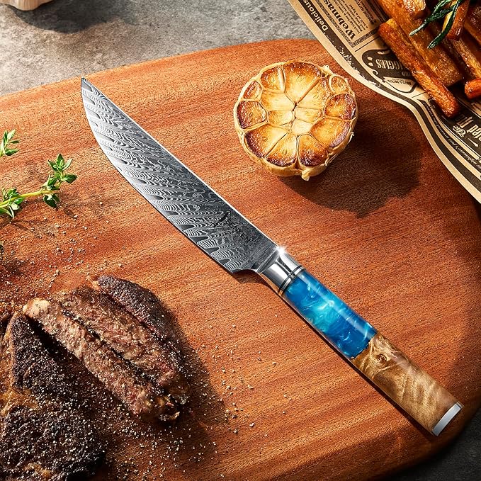 SENKEN Damascus Steak Knife Set - Tsunami Collection - 67-Layer Japanese VG10 Steel - Razor Sharp Non-Serrated Blades, Blue Resin & Natural Wood Pattern Handles, Luxury Gift Box (8 Steak Knife Set)
