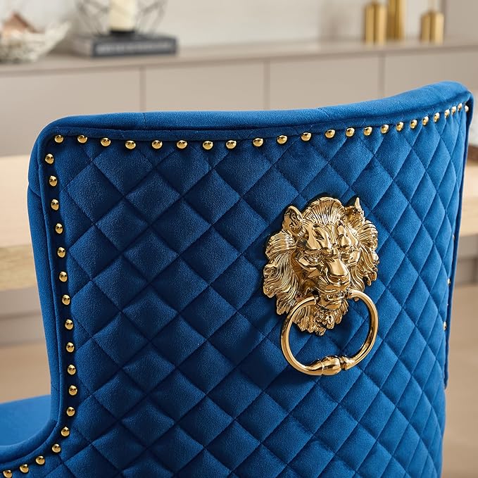 Velvet Gold Barstools Set of 2, Modern Counter Height Adjustable Swivel Stools Chairs with High Tufted Backrest Golden Base Lion Pull Ring Diamond Pattern Rivet Trim for Kitchen (Dark Blue)