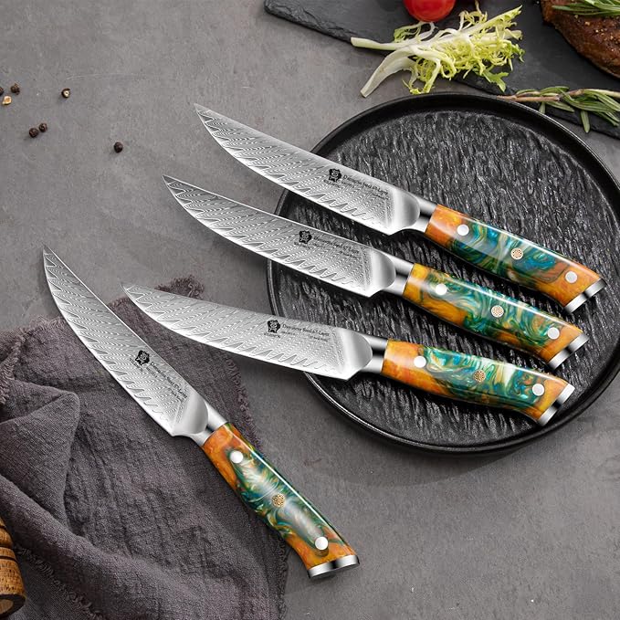 WILDMOK Steak Knives, 5 inch Non Serrated Steak Knife Set of 4, Japanese Damascus VG10 Steel Steak Knives,Premium Steak Knives Set with Gift Box