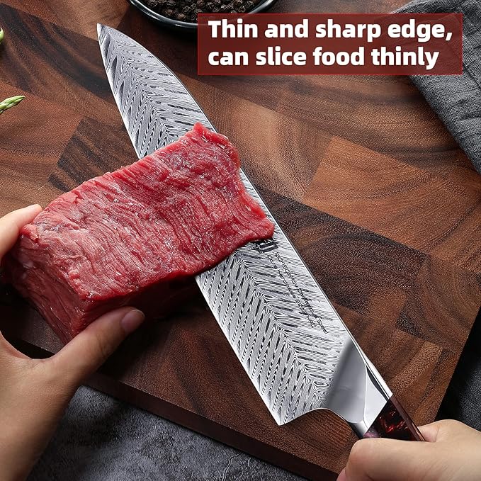 FINDKING Nebula Series Chef Knife with ABS Sheath, Multipurpose Japanese Gyuto Knife, 10Cr15CoMov Damascus Steel Blade, Resin and Figured Sycamore wood Handle, Full Tang, 8 Inch, Red, for Meat