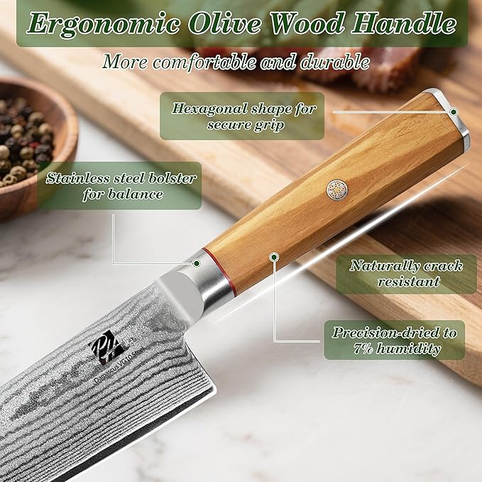 Damascus Chef Knife, 8 Inch Damascus Japanese Chef's Knife with VG10 High Carbon Steel, Professional Kitchen Knife with Olive Wood Handle & Gift Box, Sharp Cooking Knives for Home Kitchen Gift Idea
