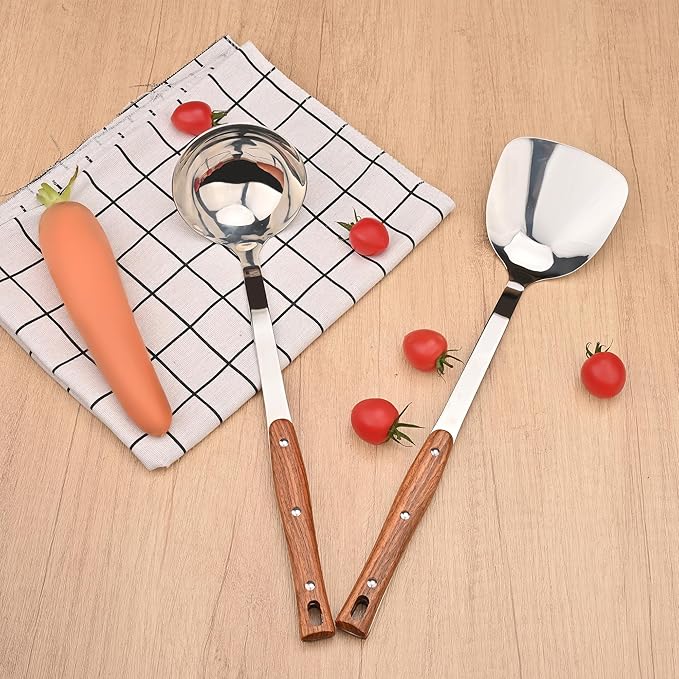FJNATINH 2Pack Stainless Steel Wok Utensils, Heat Resistant Wok Spatulas and Ladle, with Wooden Handle, for Serving, Turning, Cooking, Stirring, Soup