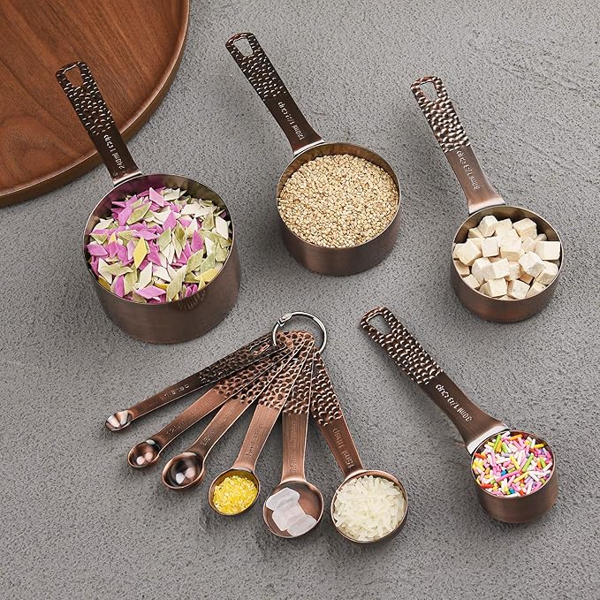 Copper Measuring Cups and Spoons Set - Stainless Steel 6 Cups, 7 Spoons, 1 Leveler, 2 Locking Rings - Kitchen Tool