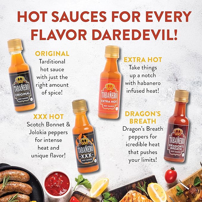 Tabañero Challenge Box, Hot Sauce Gift Set, 4 Pack, Original, Extra, XXX Hot and Dragon's Breath, 1.7 oz Mini Glass Bottles, Gluten Free, All Natural, Low Sodium, Vegan, Kosher, Made in the USA